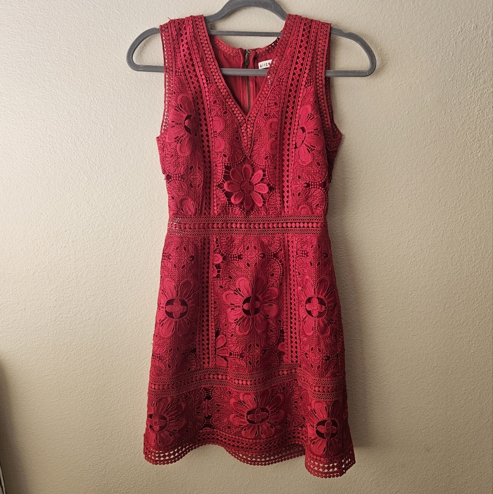 Alice + Olivia Vibrant Red Floral Lace Mini Dress
